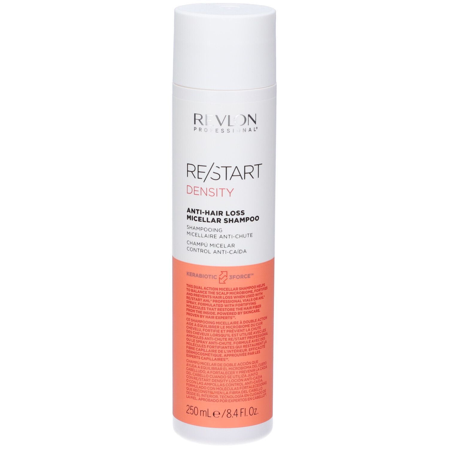 Flacon de shampooing blanc et rose. Texte: RE/START Density, Shampooing Micellaire Anti-Chute. 250ml.