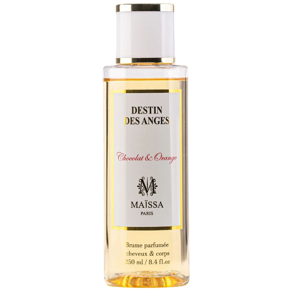 Flacon de parfum. Bouchon blanc, bord doré. Inscriptions: DESTIN DES ANGES, Chocolat & Orange, MAÏSSA PARIS. Brume parfumée.