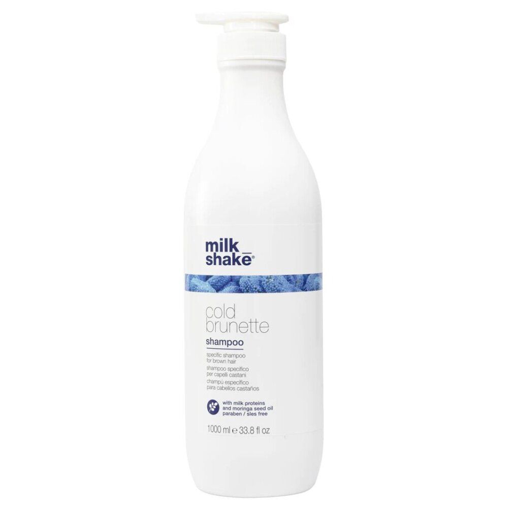 Witte pompfles Milk Shake Cold Brunette Shampoo voor bruin haar. Bevat 1000 ml.