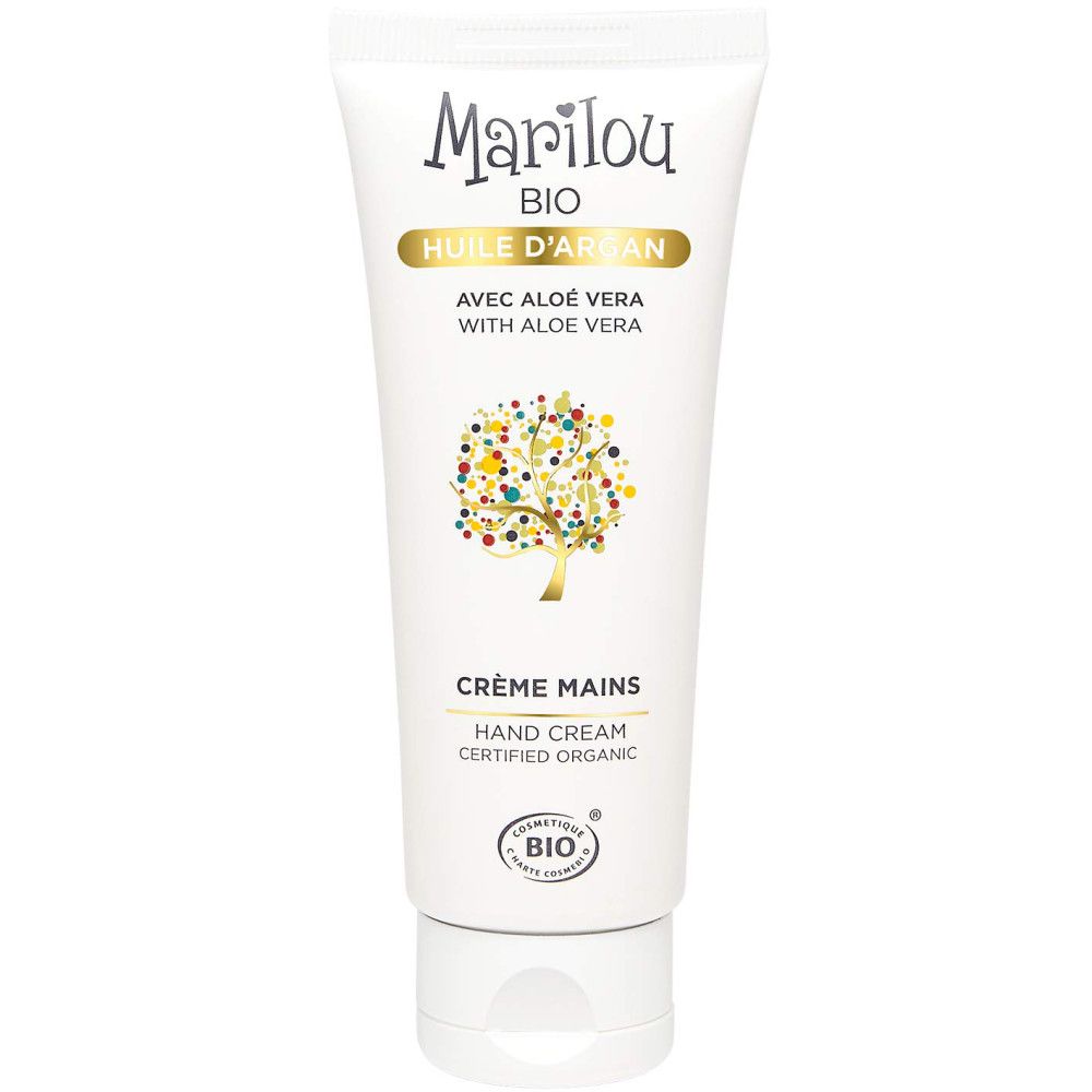 Tube blanc de crème pour les mains Marilou Bio à l'huile d'argan. Inscription : Crème Mains, avec Aloe Vera. Certification bio.