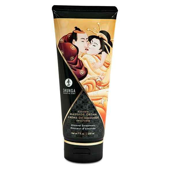 Shunga massagecrème met amandelsmaak, fles met Japanse kunstafbeelding.