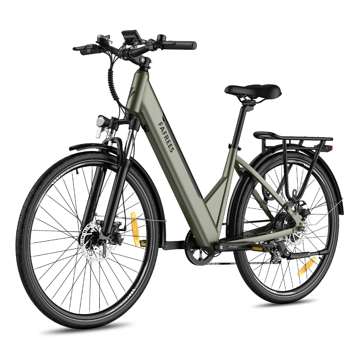 Vélo électrique vert avec porte-bagages, garde-boue et inscription FAFREES. Pneus et selle noirs.