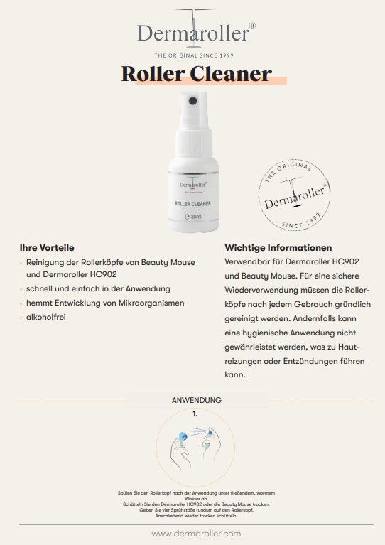 Wit etiket met tekst: Roller Cleaner, 20ml. Tekst: Dermaroller. Logo. Informatie over reiniging en gebruik.