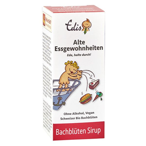 Doos met opschrift: Edis Alte Essgewohnheiten. Illustratie: kind gooit eten weg. Zonder alcohol, vegan, Zwitserse bio.