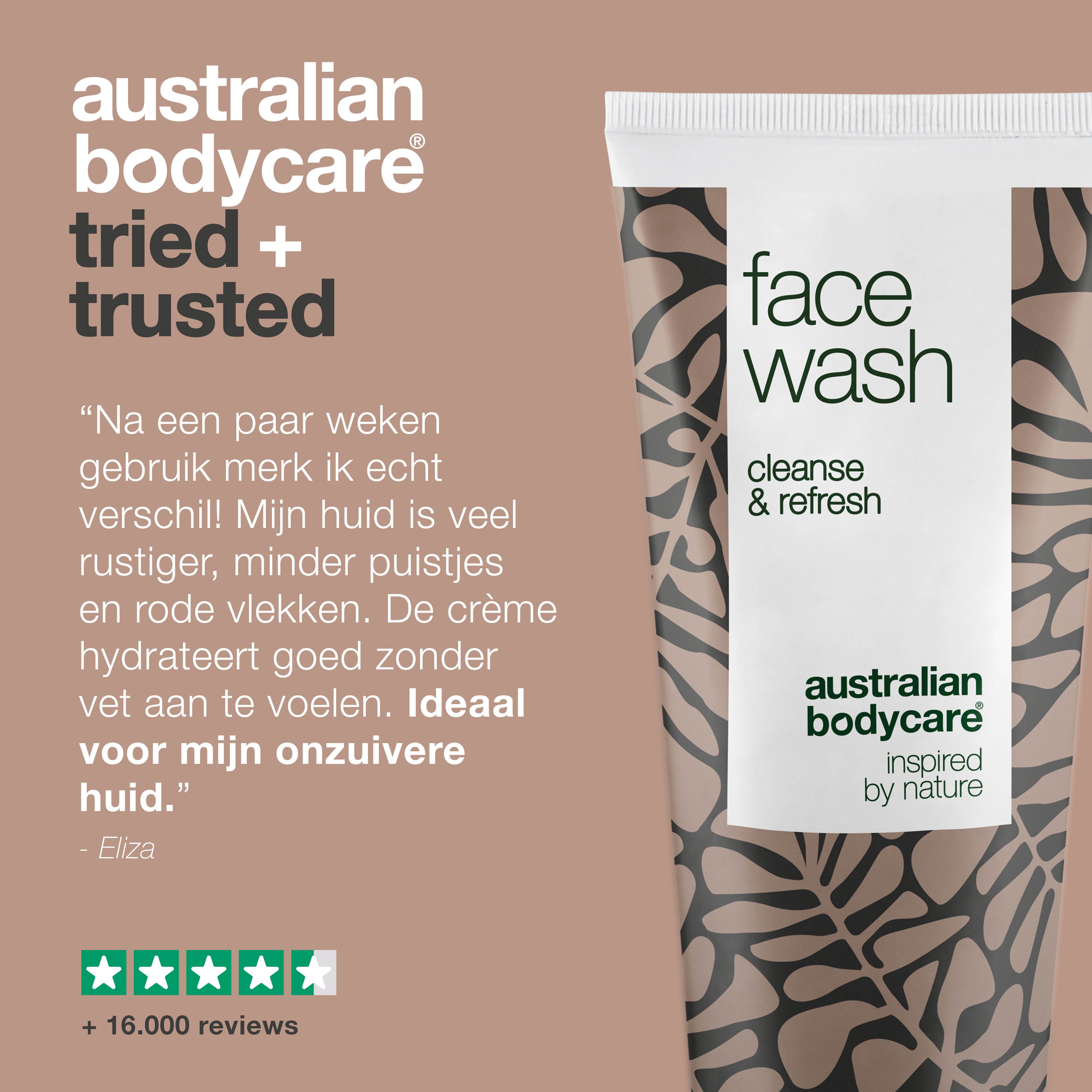 Verschillende personen met producten. Merk: Australian Bodycare.