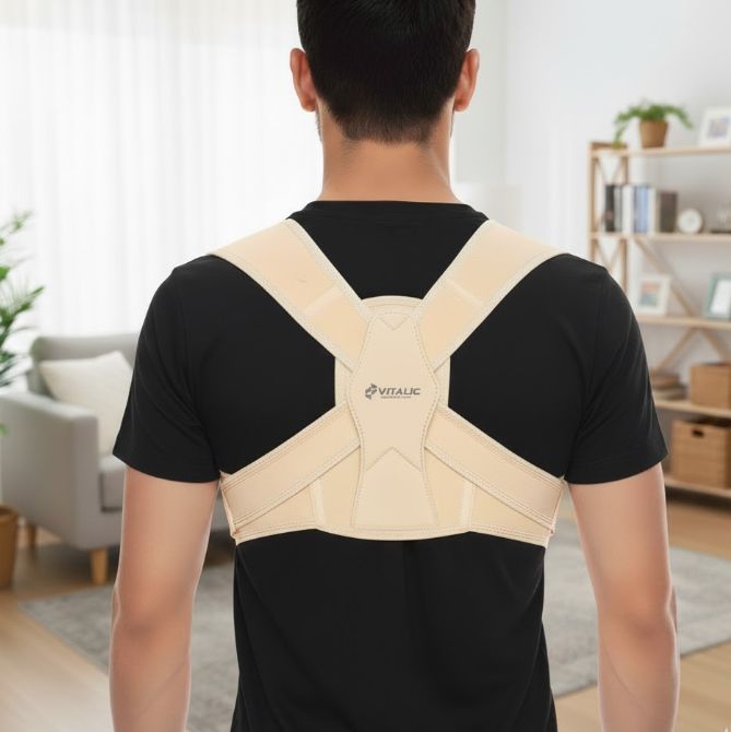 Un homme porte une bandage dorsale beige. La bandage a des bretelles et une partie centrale avec l'inscription "VITALIC".