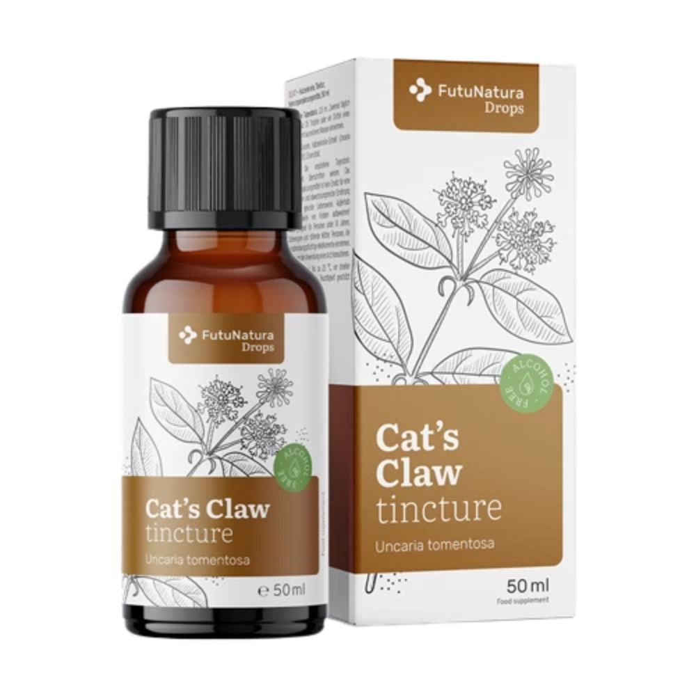 Fles en doosje met kattenklauw tinctuur, 50 ml.