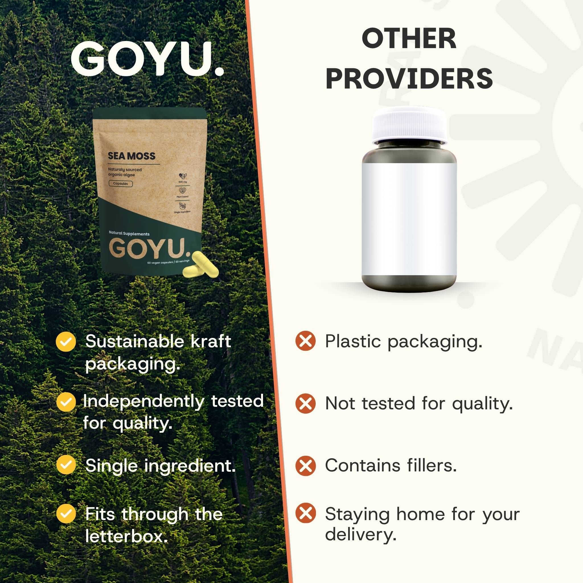Emballage de GOYU Sea Moss, sac kraft durable, à côté de gélules. Comparaison avec l'emballage plastique d'autres fournisseurs.