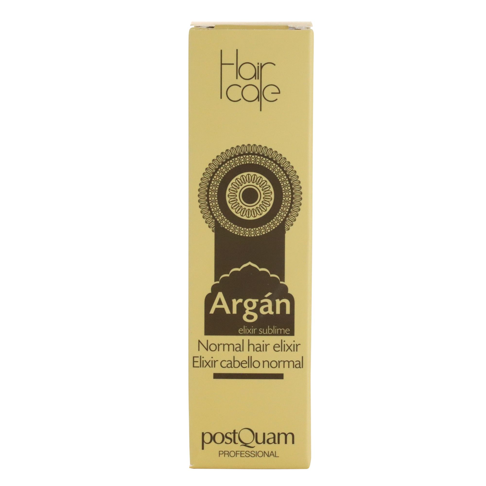 Emballage en carton avec nom du produit et logo. Couleurs beige et marron.