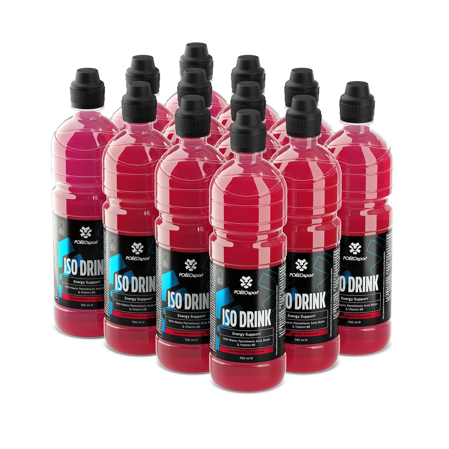 Meerdere rode flessen met zwarte dop. Label met "ISO DRINK" en logo.