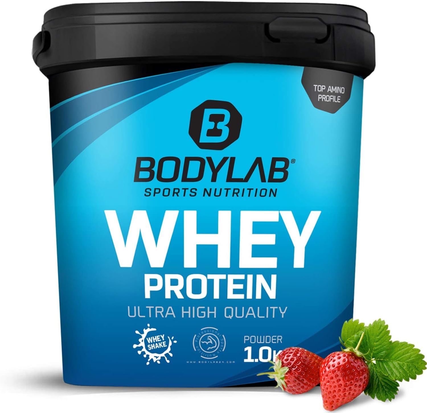 Bodylab24 Whey Protein Poeder, aardbeiensmaak, 1kg pot met aardbeien.
