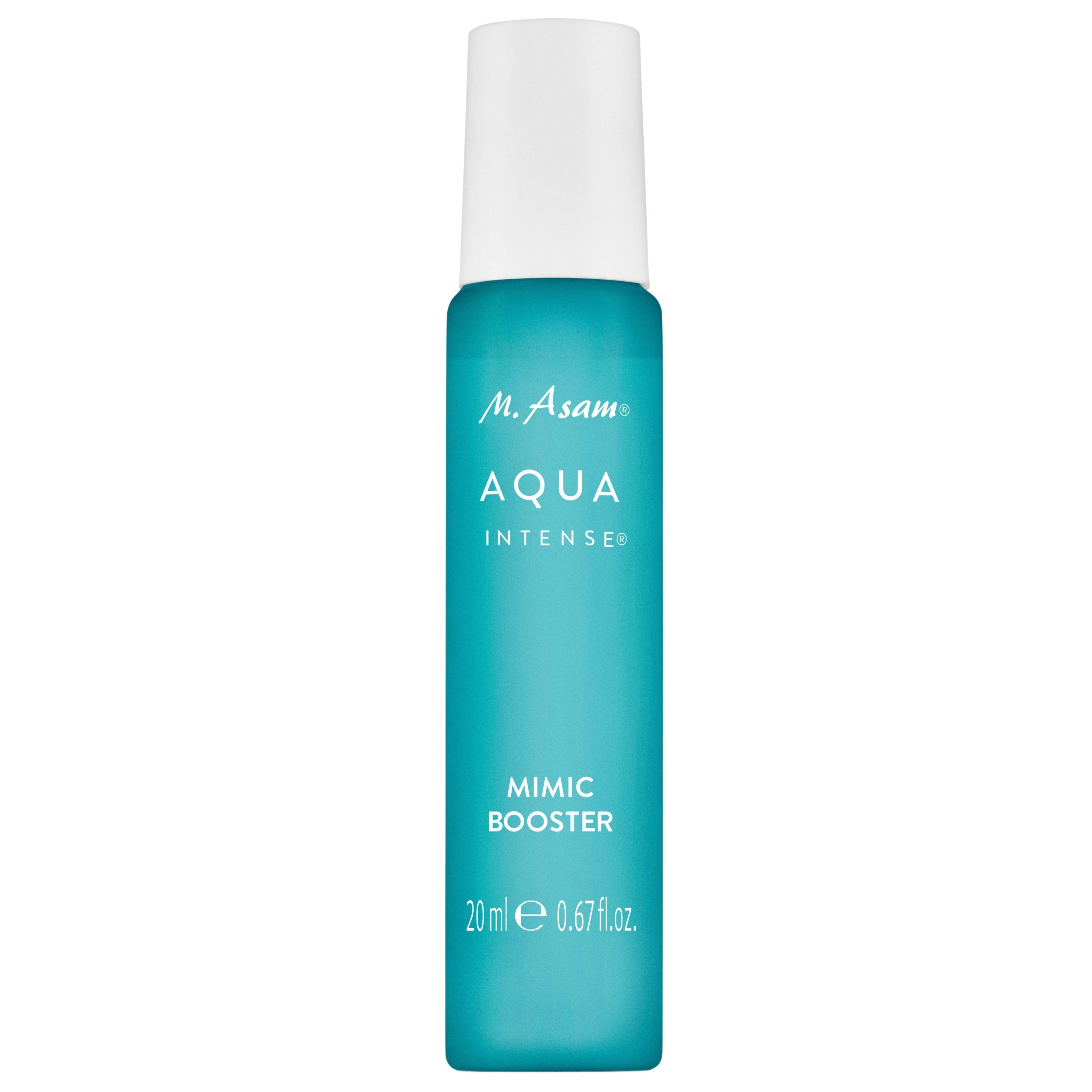 Turquoise fles met witte dop. Opschrift: M. Asam AQUA INTENSE Mimic Booster. 20 ml.