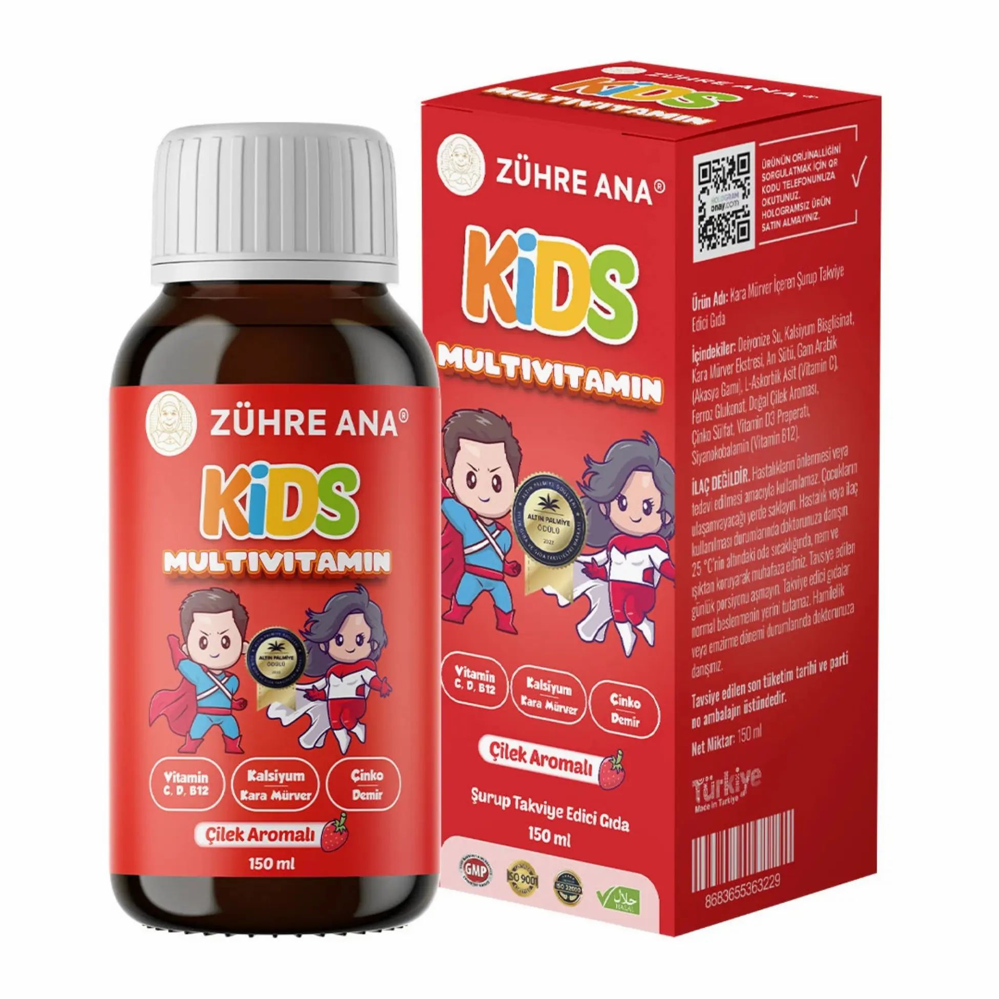 Flacon brun et emballage rouge. Inscription: Zühre Ana Kids Multivitamin. Arôme fraise. Avec illustrations.