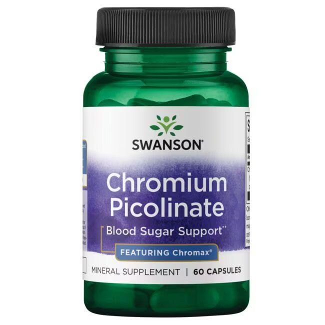 Flacon vert avec bouchon noir. Inscription: SWANSON, Chromium Picolinate, Blood Sugar Support, Chromax, 60 capsules.