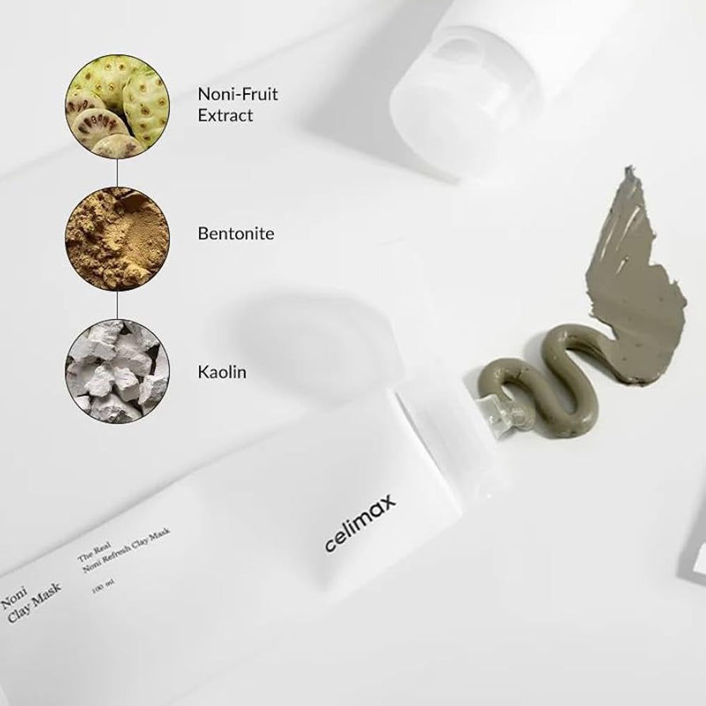 Ingrédients : extrait de Noni, bentonite, kaolin et un échantillon du masque à l'argile CELIMAX.