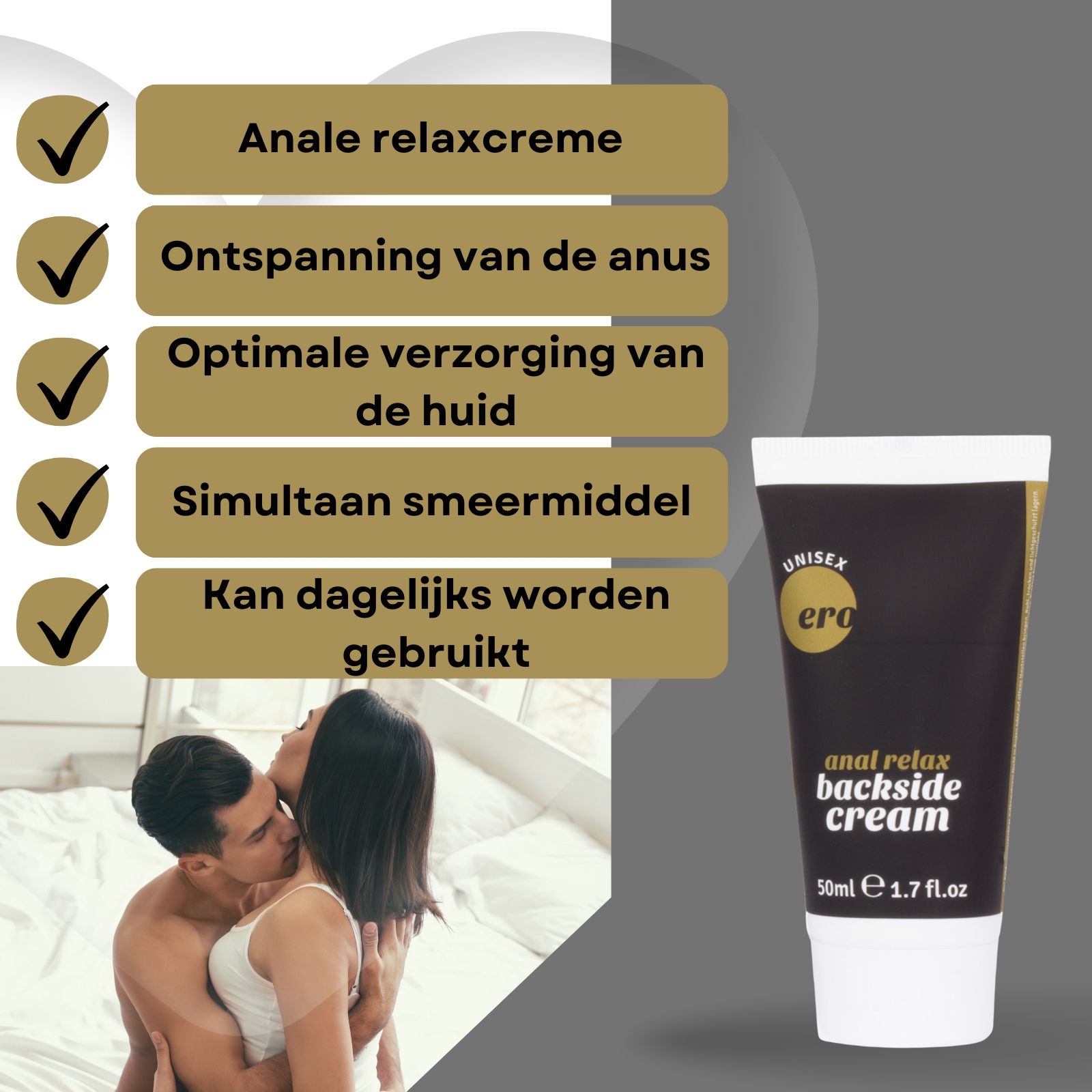 Crèmetube en tekst. Opschrift: "Ero", "anal relax backside cream". Zwarte tube, gouden tekst. Paar op de achtergrond.