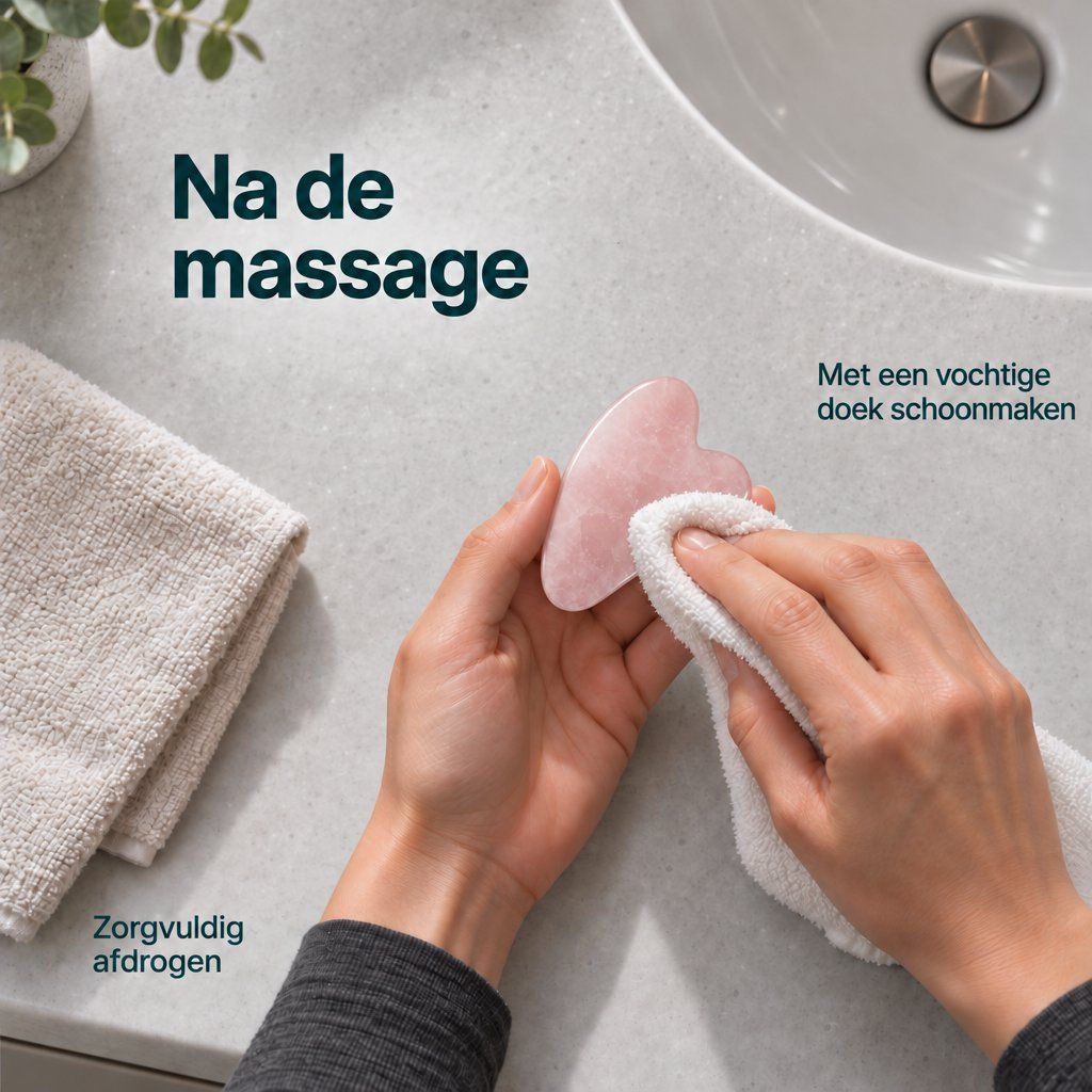 Een vrouw gebruikt een roze Gua Sha steen op haar nek.