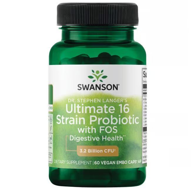 Flacon vert avec capsules noires. Inscription: SWANSON, Ultimate 16 Strain Probiotic, 3.2 Billion CFU. Vegan.
