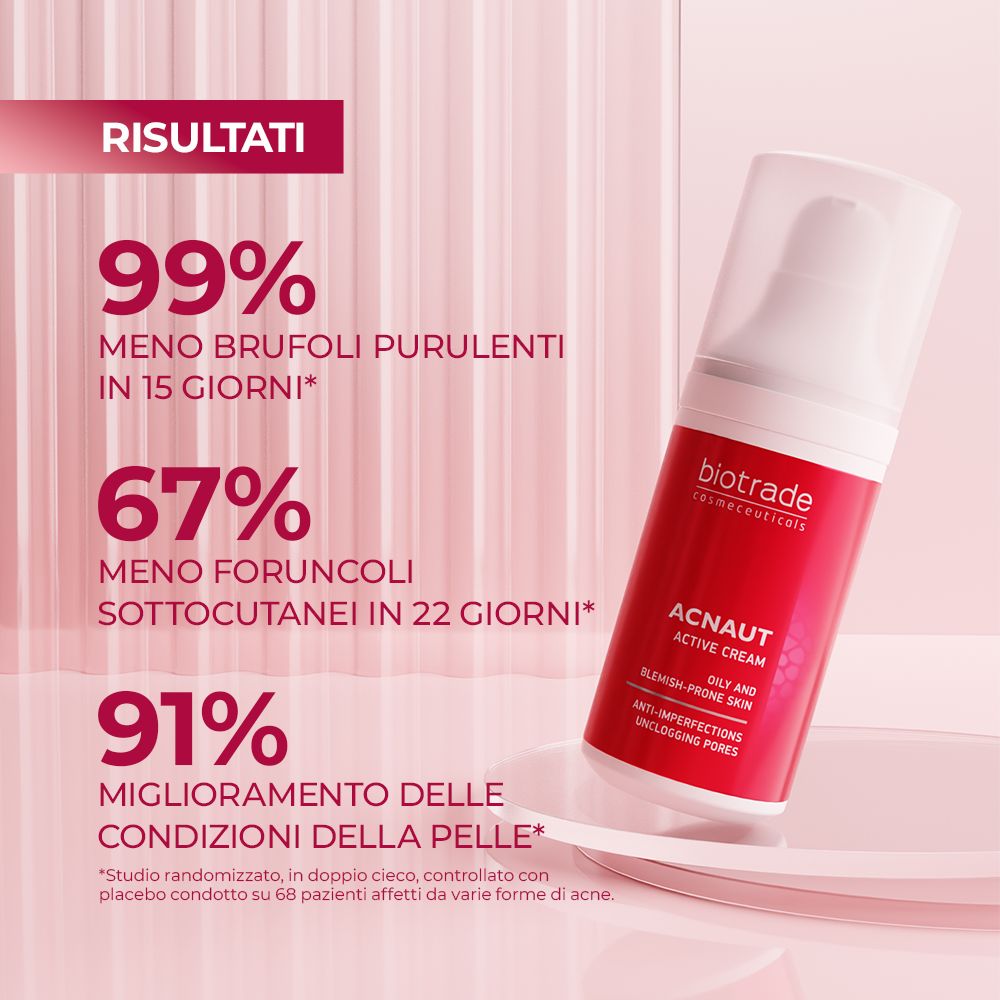 Texte avec résultats de ACNAUT ACTIVE CREAM. Réduit les boutons, les points noirs et améliore l'état de la peau.