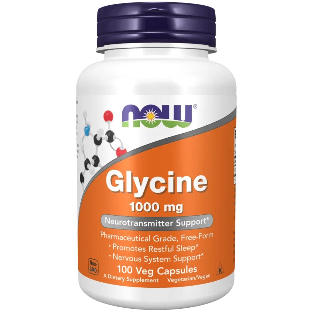 Witte fles met blauwe dop. Etiket met "NOW" logo, "Glycine 1000 mg" en info. 100 Veg capsules.