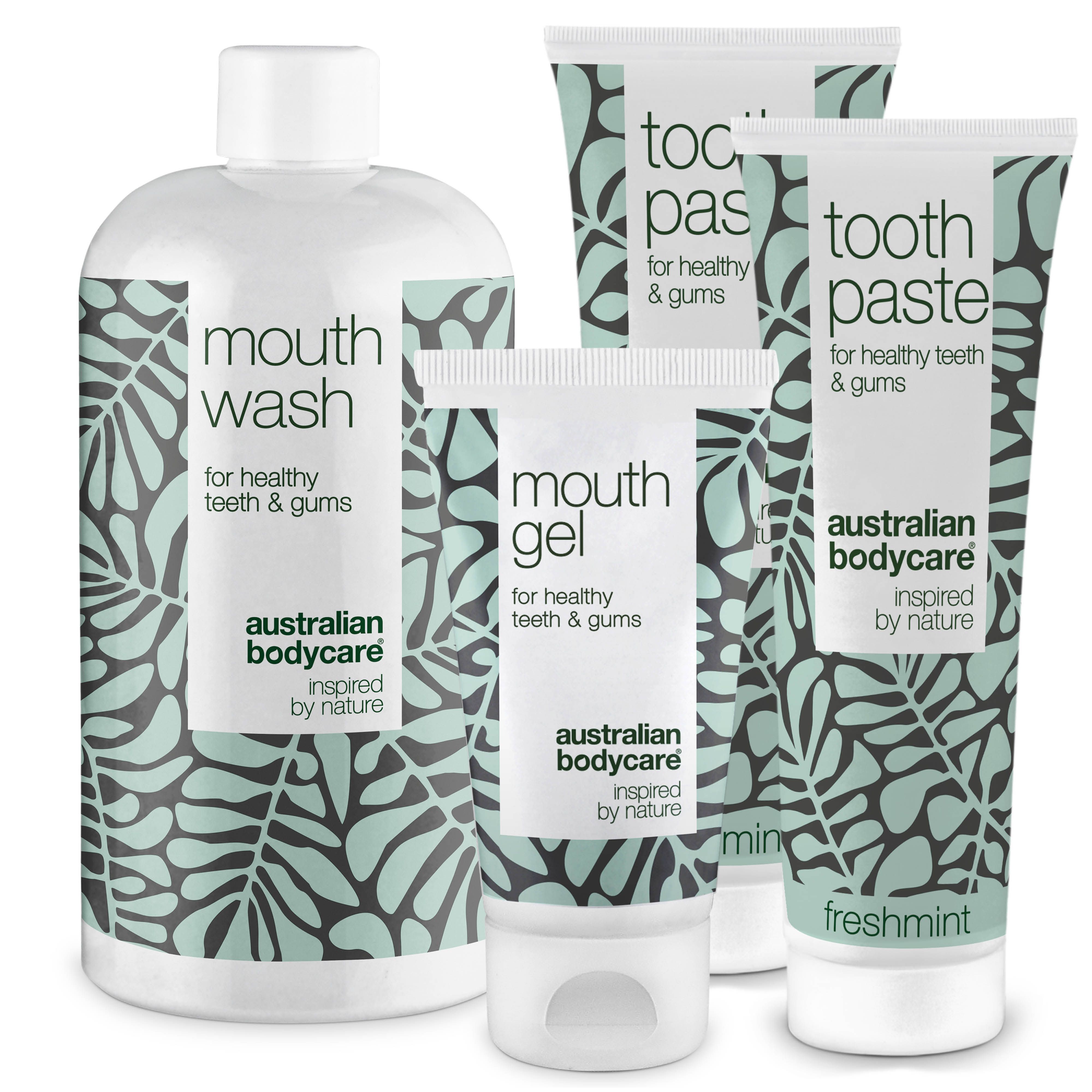 Bain de bouche, dentifrice et gel buccal. Flacons et tubes blancs avec des feuilles vertes. Texte : Australian Bodycare.
