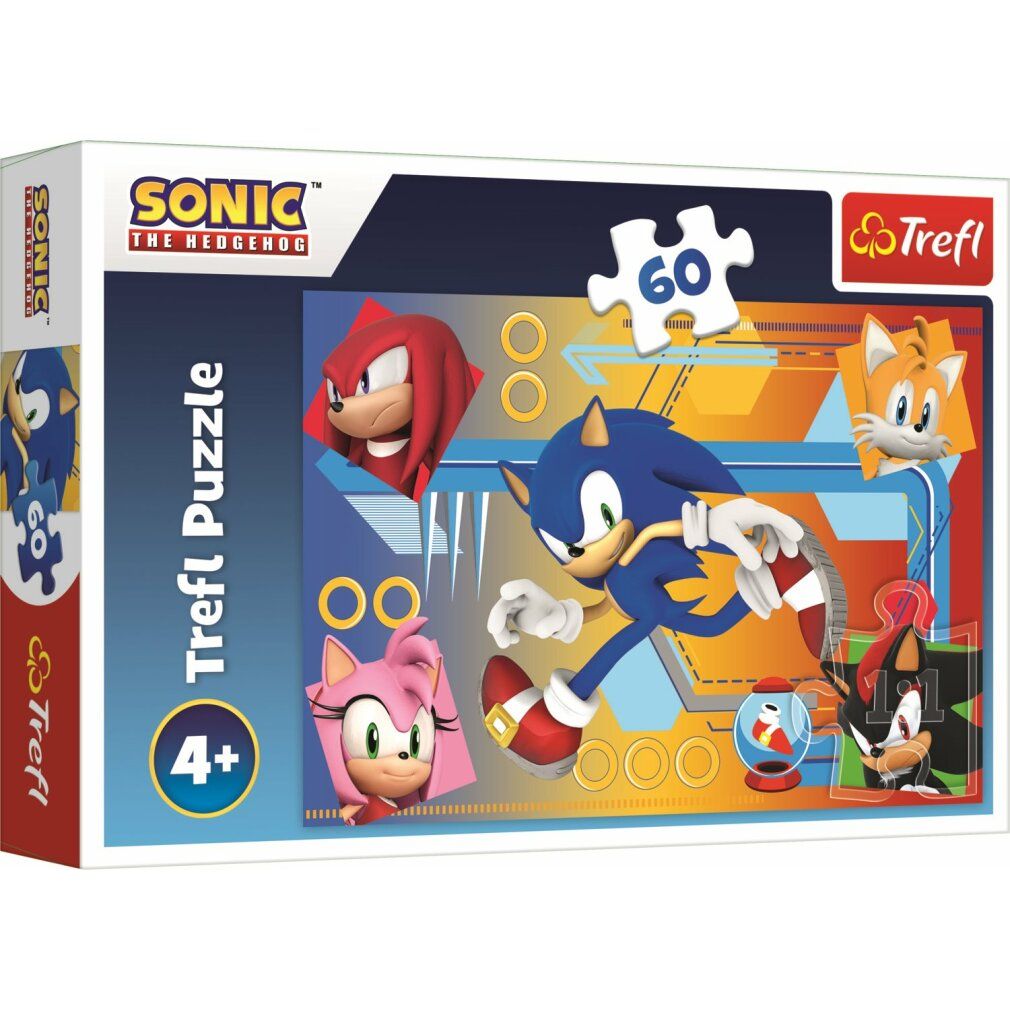 Puzzle Trefl, 60 pièces, Sonic. Emballage avec Sonic et amis. Logo Sonic the Hedgehog. Âge recommandé : 4+. Marque Trefl.