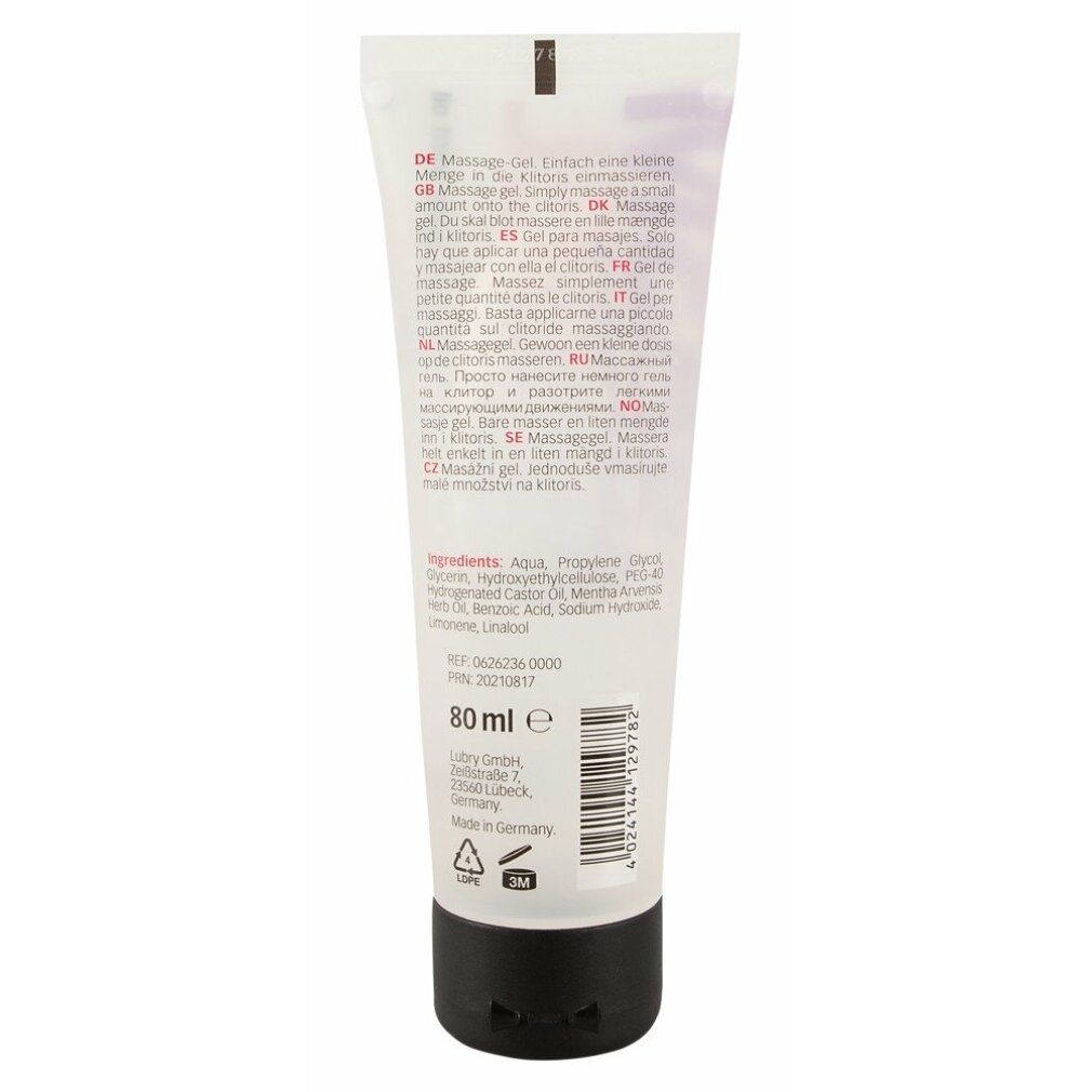 Arrière d'un tube de gel Orgasme avec ingrédients et indication 80ml.