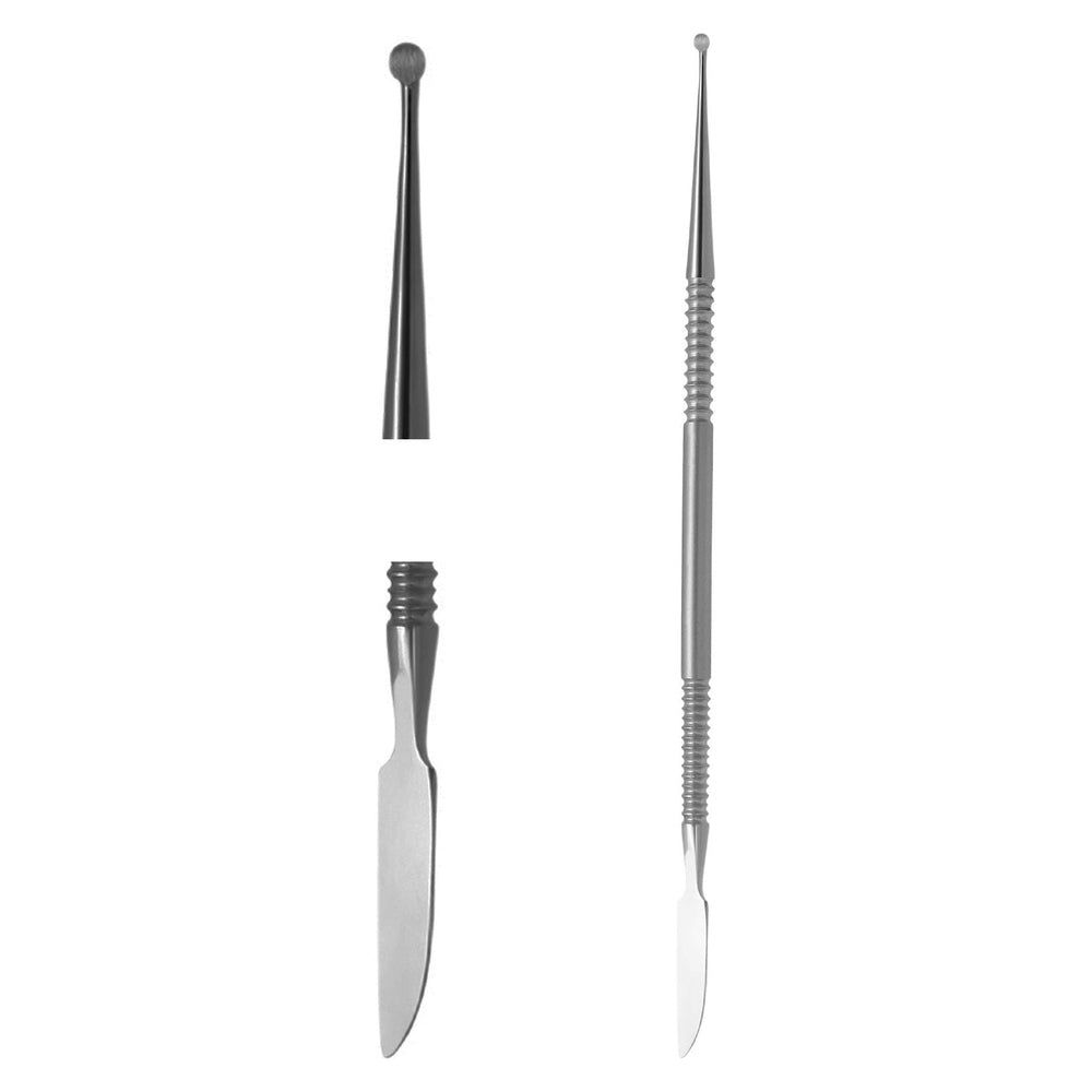 Sonde et couteau à ongle en métal, démontés. Une extrémité pointue, l'autre arrondie. Poignées striées.
