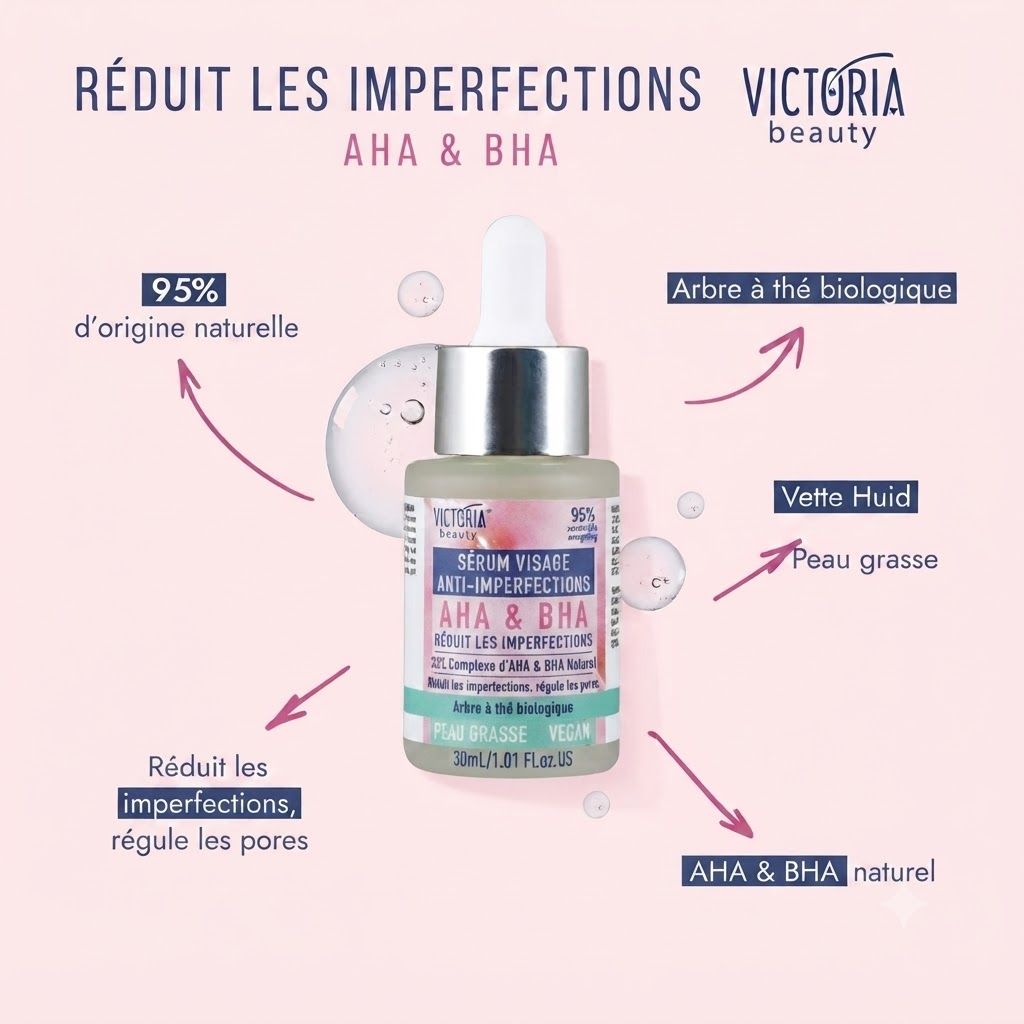 Victoria Beauty Sérum visage AHA & BHA en flacon verre avec pipette. 95% d'origine naturelle.