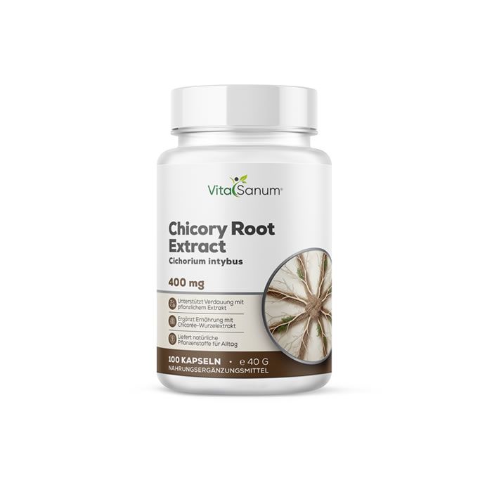 Witte fles VitaSanum® Cichoreiwortel Extract. Opschrift: 400 mg, 100 capsules, voedingssupplement. Productafbeelding.