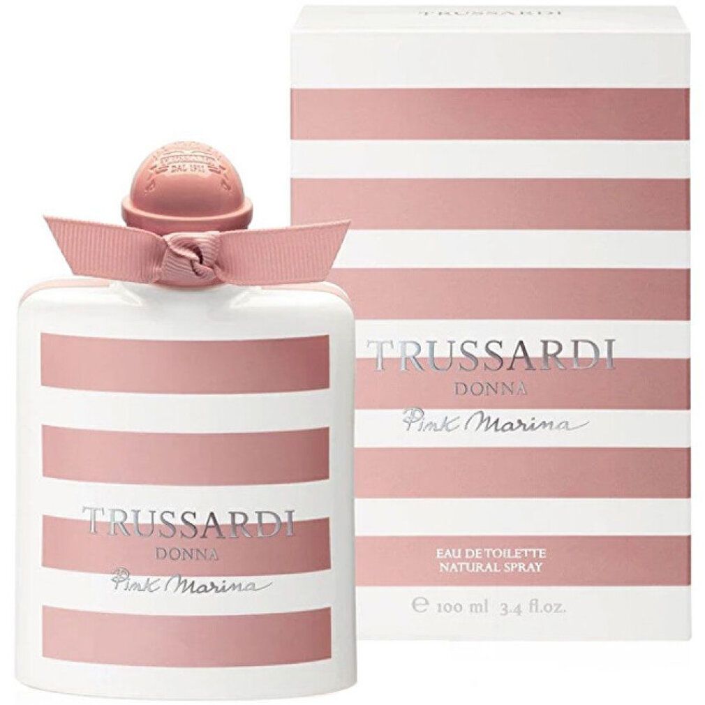 Wit-roze gestreepte doos en fles met roze strik. Opschrift: TRUSSARDI DONNA Pink Marina.