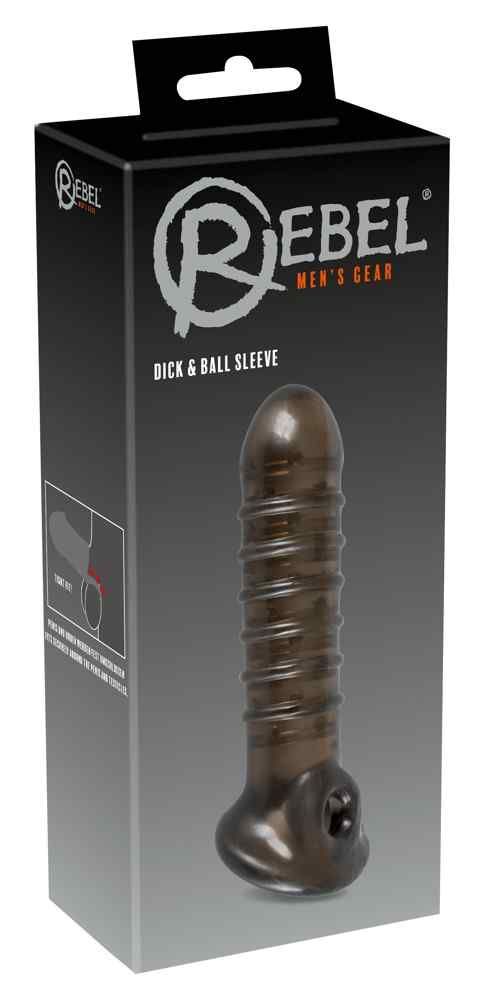 Zwarte penishoes met opening voor de testikels in verpakking. Opschrift: Rebel, Dick & Ball Sleeve.