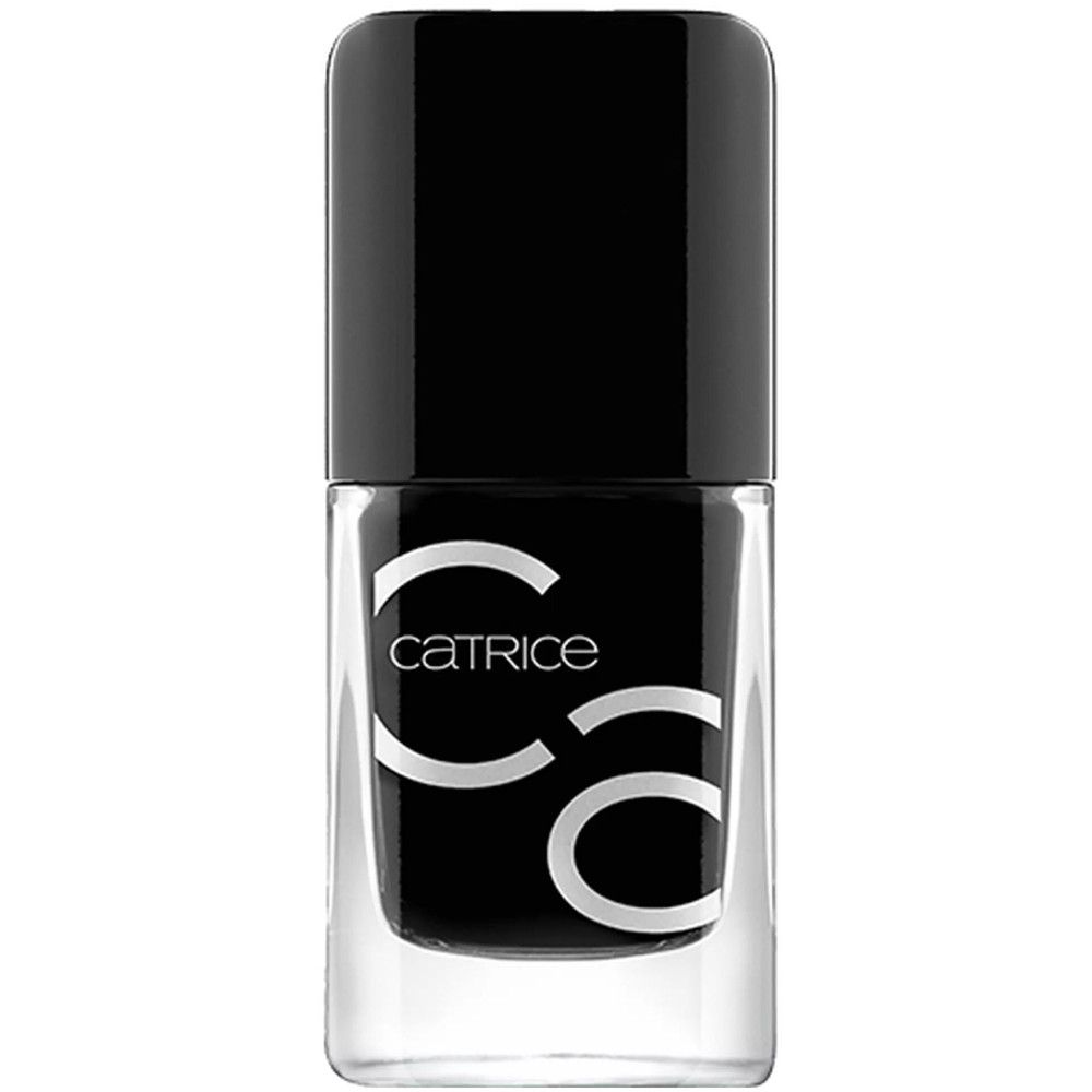 Vernis à ongles noir Catrice. Flacon transparent avec bouchon noir. Inscription blanche "Catrice".
