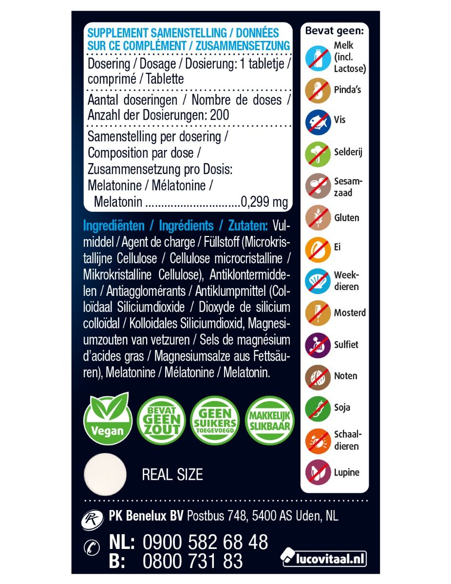 Achterkant van de melatonine verpakking. Bevat info over ingrediënten, dosering en waarschuwingen.