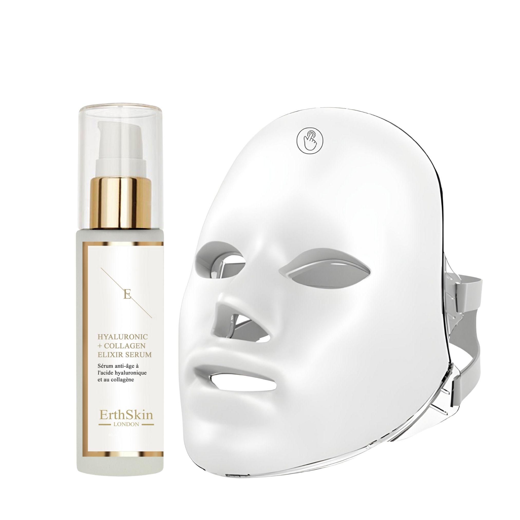 Wit LED-gezichtsmasker en serumfles. Opschrift: ErthSkin London. Hyaluronic + Collagen Elixir Serum.