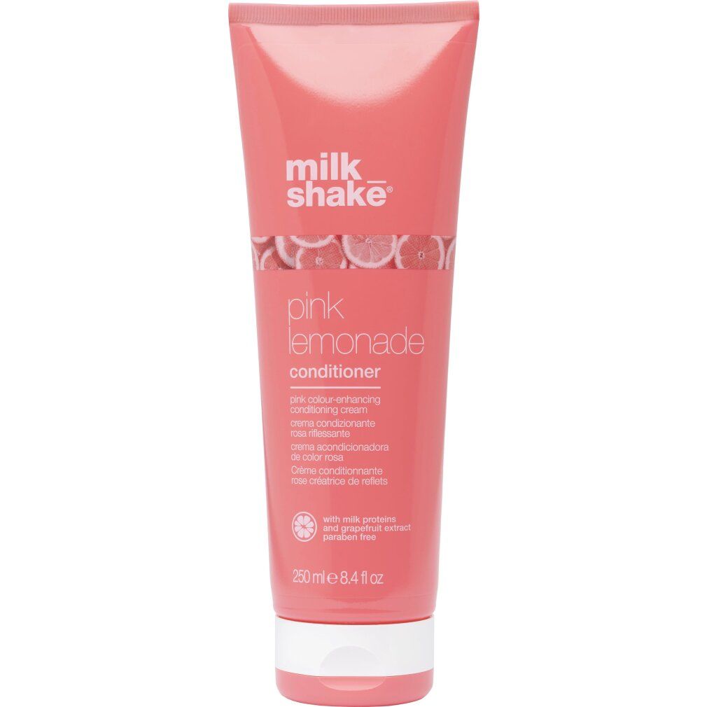 Roze tube met productnaam en tekst. Bevat 250 ml. Merk Milk Shake. Pink Lemonade Conditioner.