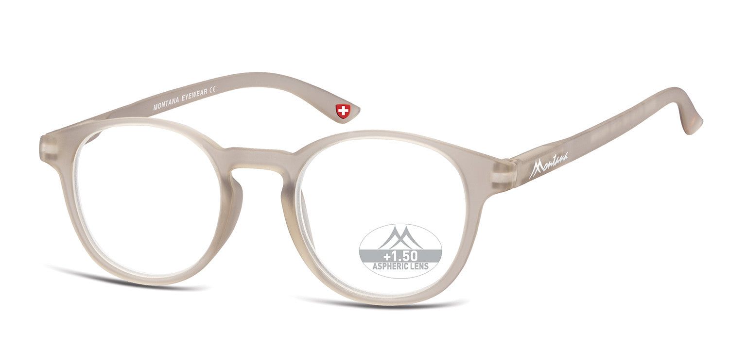 Lunettes rondes, monture gris clair, Montana Eyewear. Croix suisse sur la branche. +1.50 dioptries.