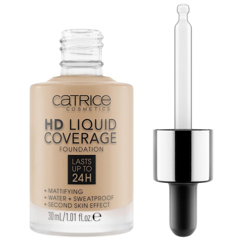 Fond de teint liquide HD, flacon en verre avec pipette. Inscription: Catrice, HD Liquid Coverage Foundation, matifiant, résistant à l'eau, 30ml.