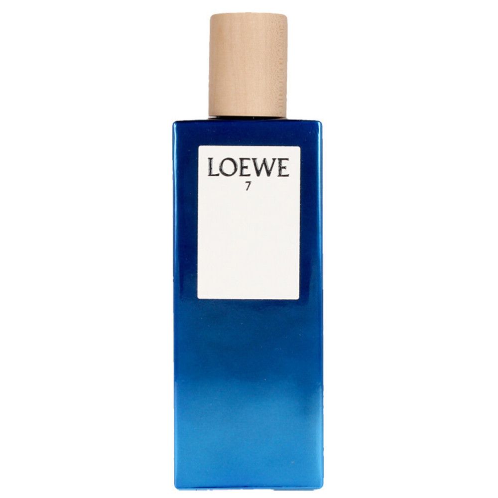 Flacon de parfum bleu avec bouchon en bois. Inscription LOEWE 7.