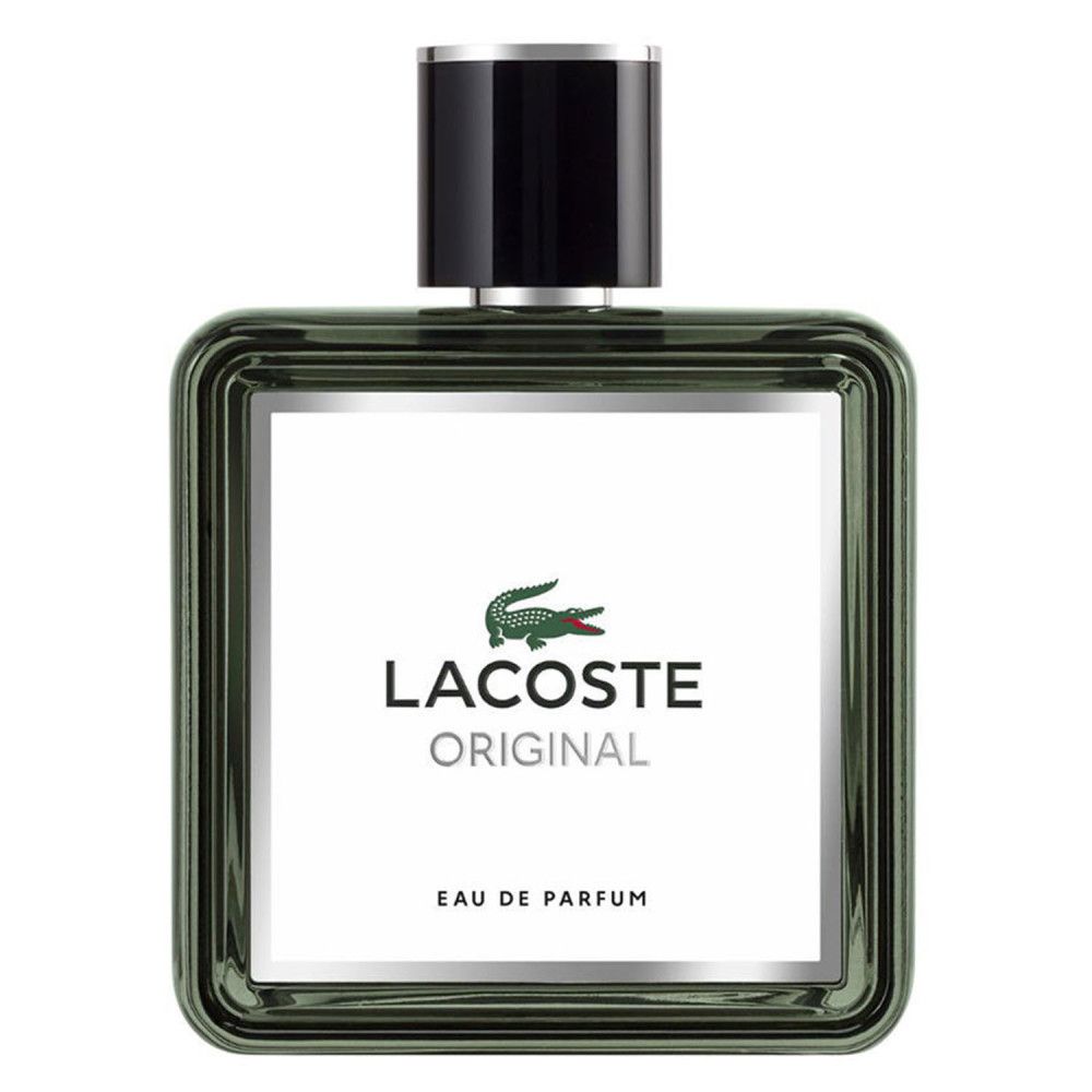 Flacon Lacoste Original EdP Nat. Spray. Forme carrée, cadre vert, étiquette blanche avec logo crocodile. Texte: Eau de Parfum.