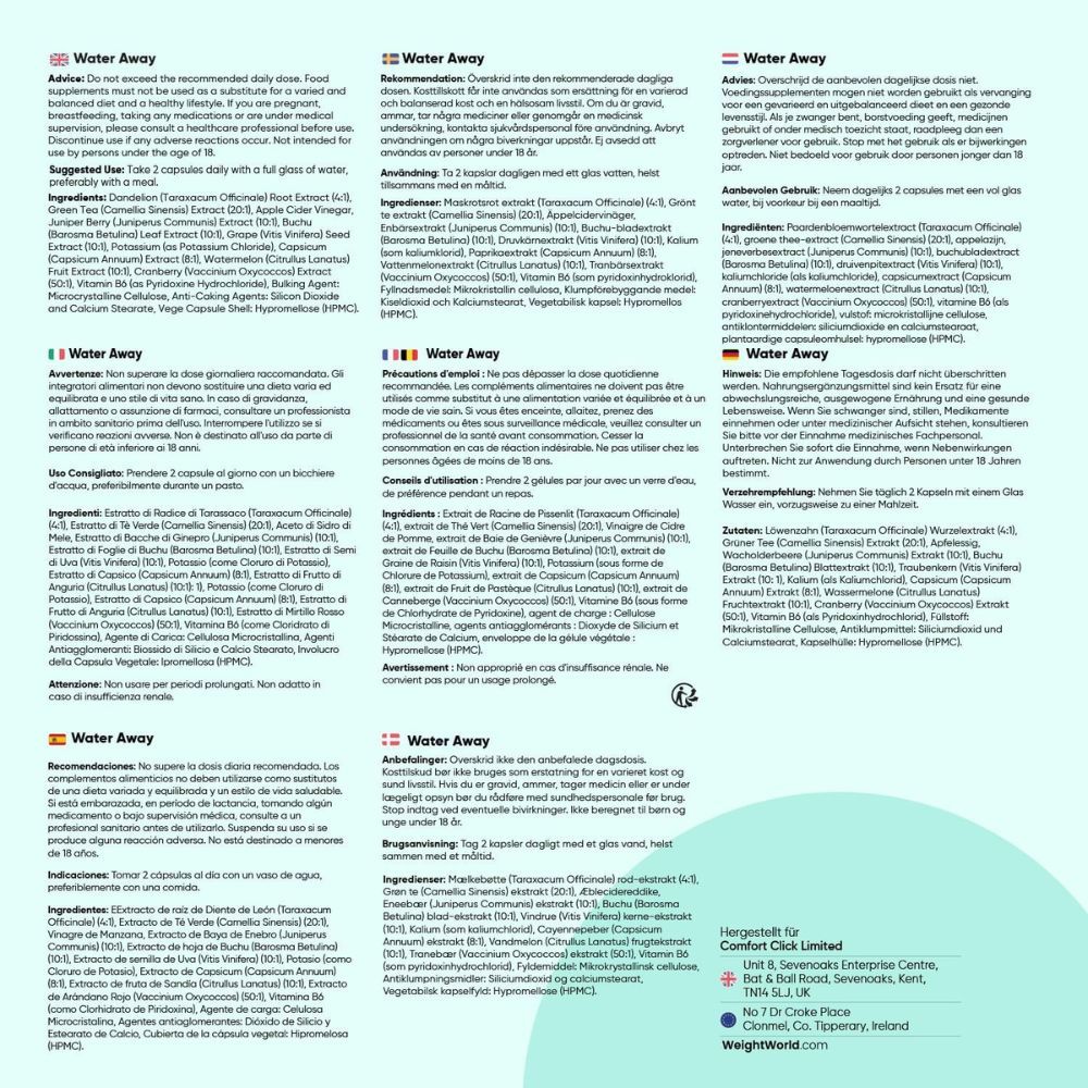 Flacon marron Water Away. 11 ingrédients naturels : pissenlit, thé vert, vinaigre de cidre, etc. 180 gélules.