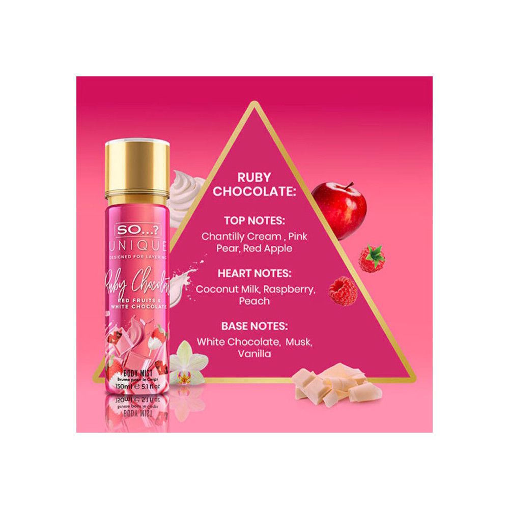 Roze fles met gouden dop. Tekst: SO...? UNIQUE, Ruby Chocolate. Ingrediënten en fruit afgebeeld.