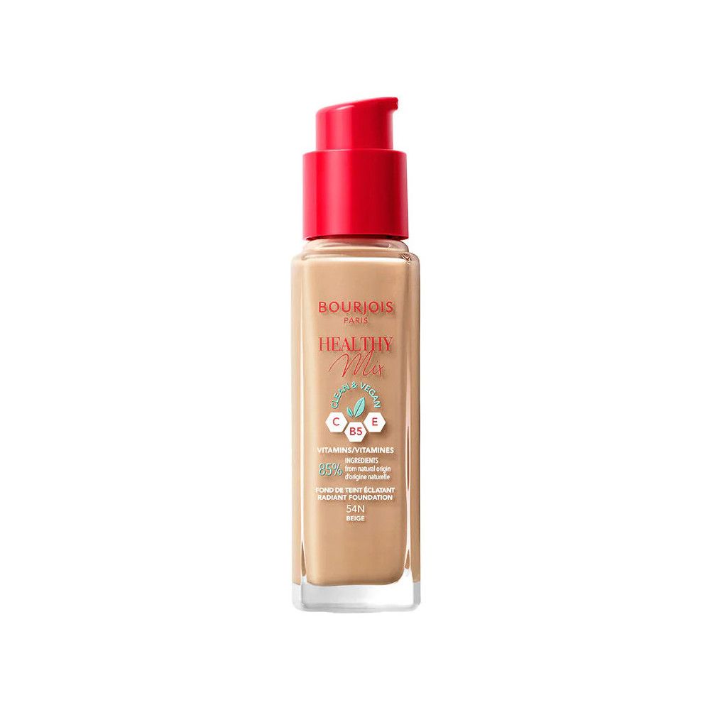 Flacon de fond de teint Bourjois Healthy Mix. Bouchon rouge. Inscription: Healthy Mix, vitamines, 56%. Teinte beige.