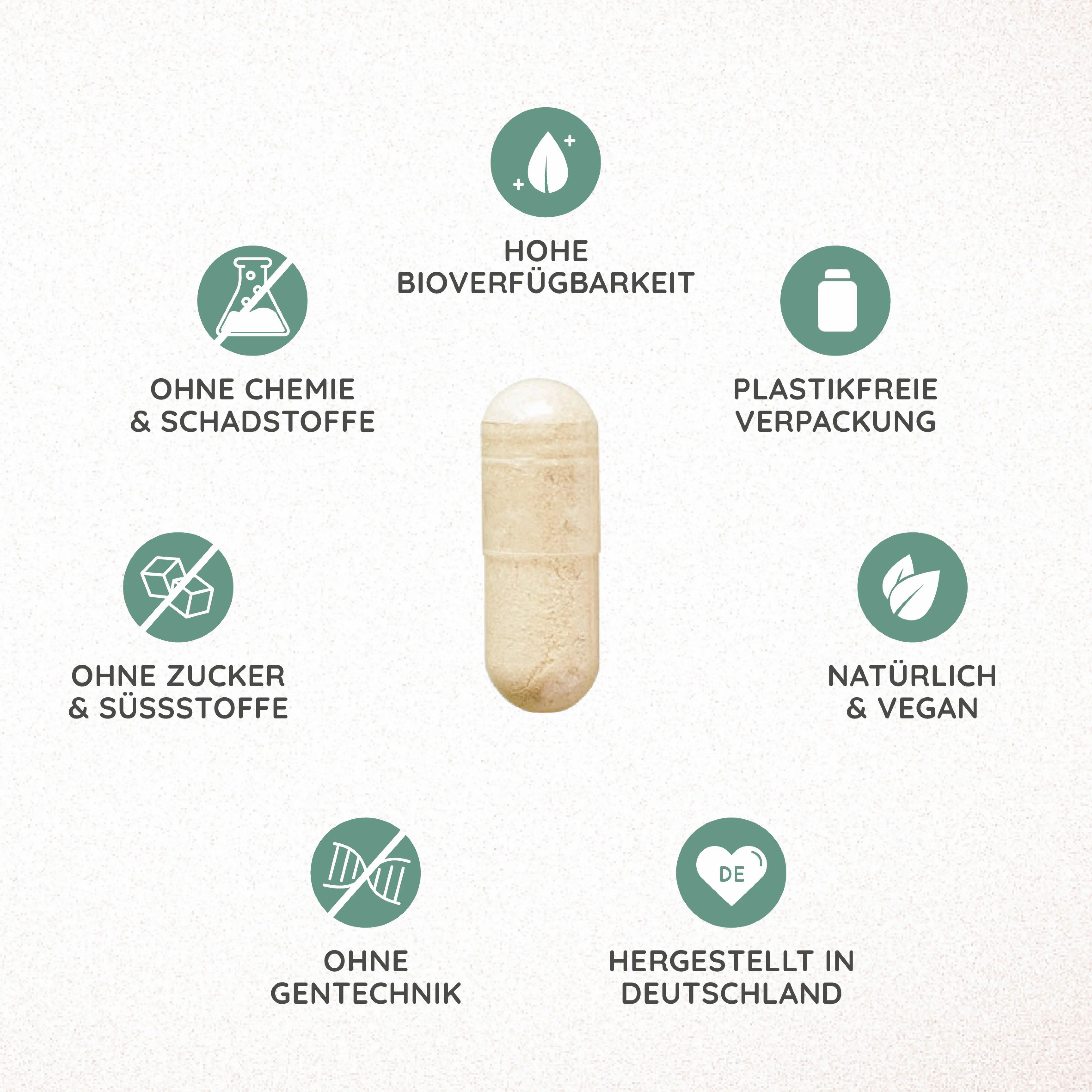Gélule au centre, entourée de logos : Sans produits chimiques, sans sucre, sans OGM, fabriqué en Allemagne, naturel et végétalien.