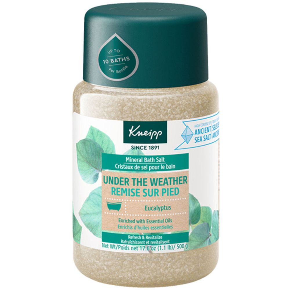 Pot cylindrique de sel de bain. Étiquette avec nom du produit, illustration d'eucalyptus et logo Kneipp. Couvercle vert.