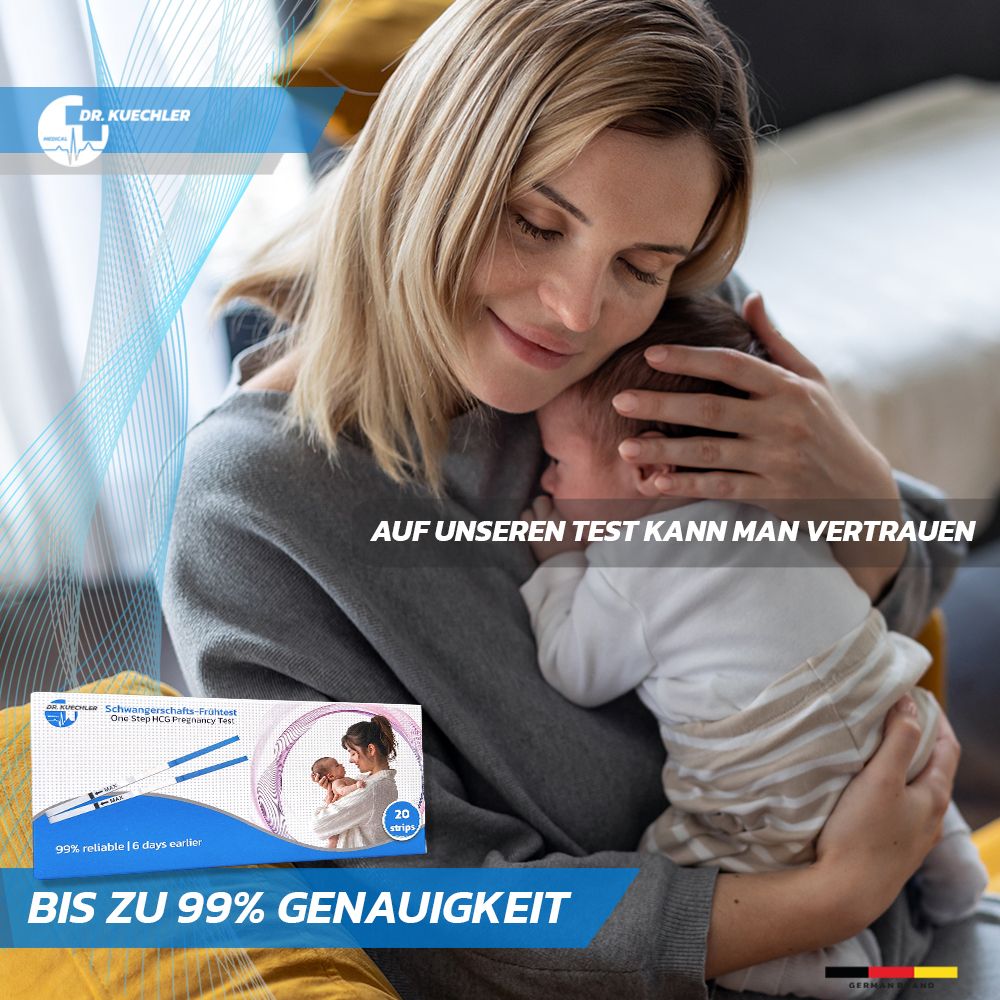 Femme serrant un bébé. Boîte de tests de grossesse au premier plan. "Jusqu'à 99% de précision".