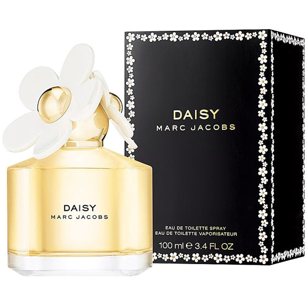Parfumflesje Daisy Marc Jacobs met witte bloem en zwarte doos. Opschrift: DAISY. Eau de Toilette Spray.