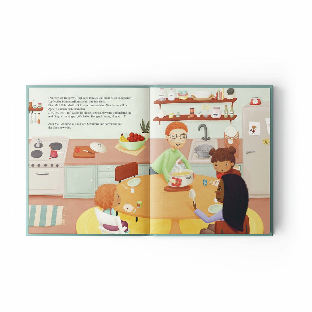 Double page d'un livre. Illustrations d'enfants dans une cuisine, assis à une table.