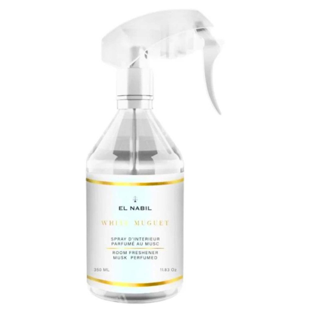 Flacon pulvérisateur transparent avec étiquette blanche et détails dorés. Inscriptions: EL NABIL, White Muguet, parfum d'intérieur, musc parfumé.