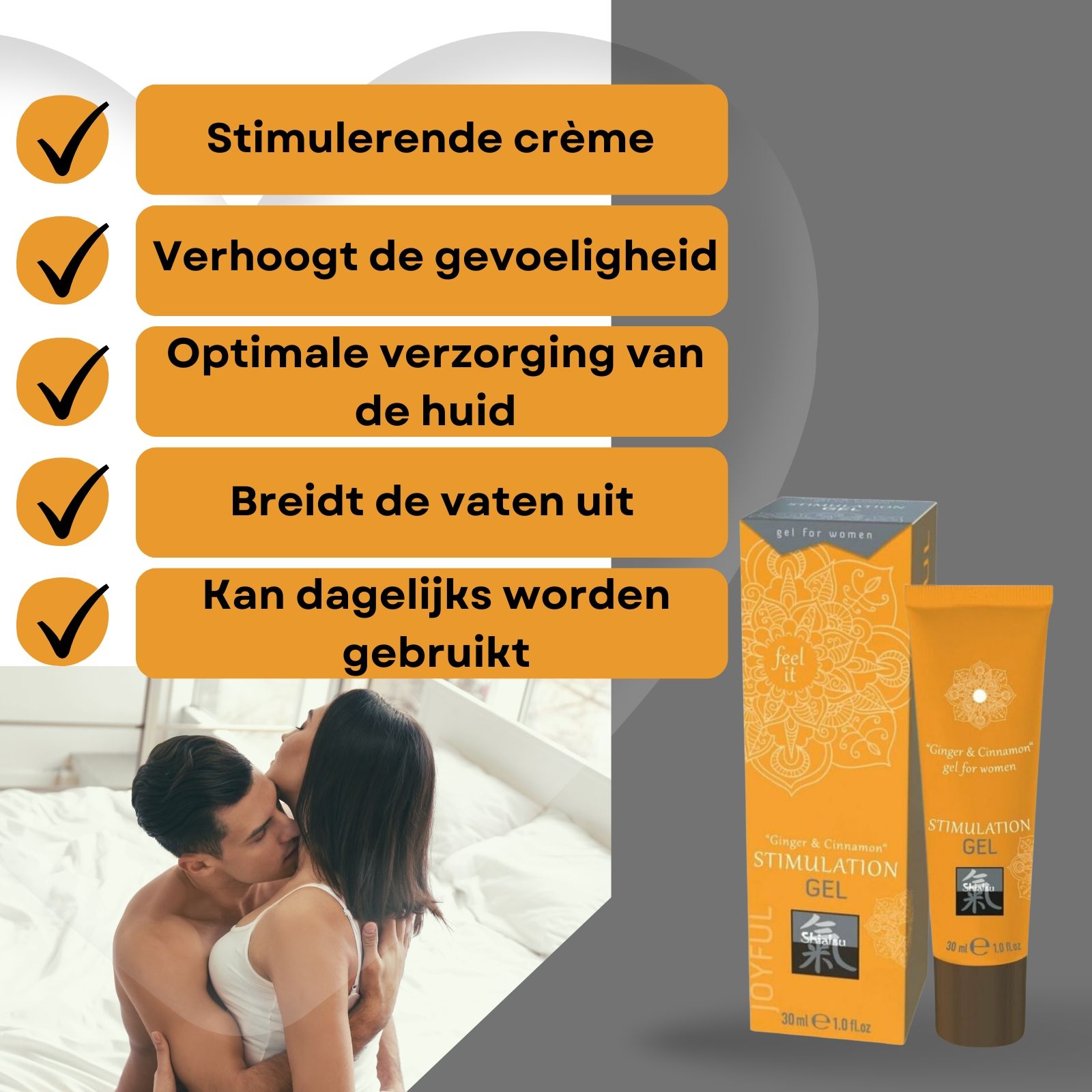 Productverpakking met tekst. Oranje doos en tube. Bevat 30ml. Merk: Shiatsu.